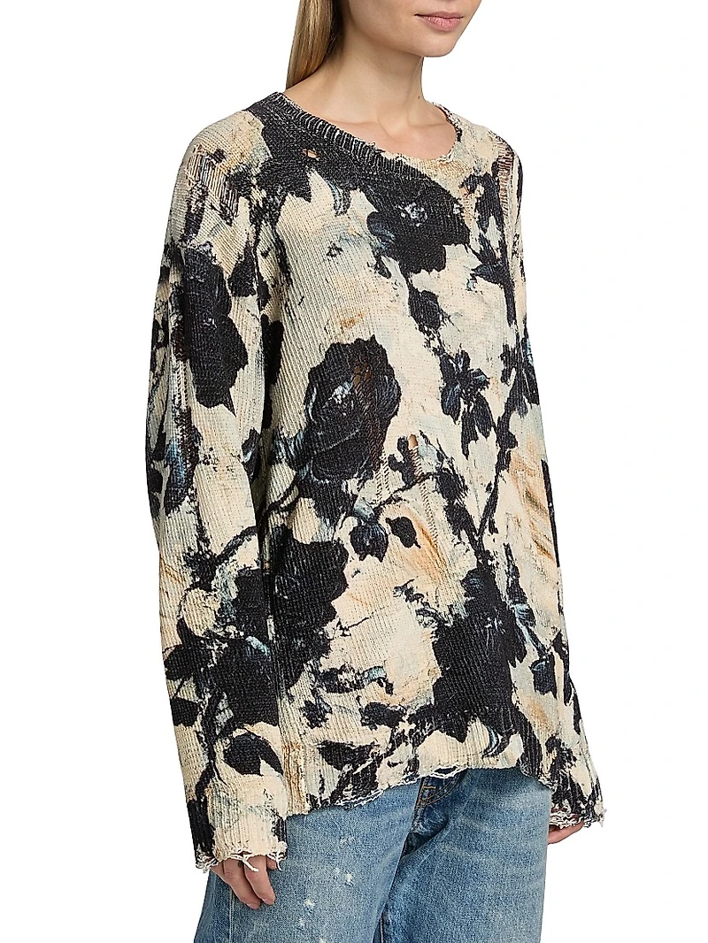 Distressed Floral Linen Crewneck Sweater