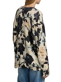 Distressed Floral Linen Crewneck Sweater