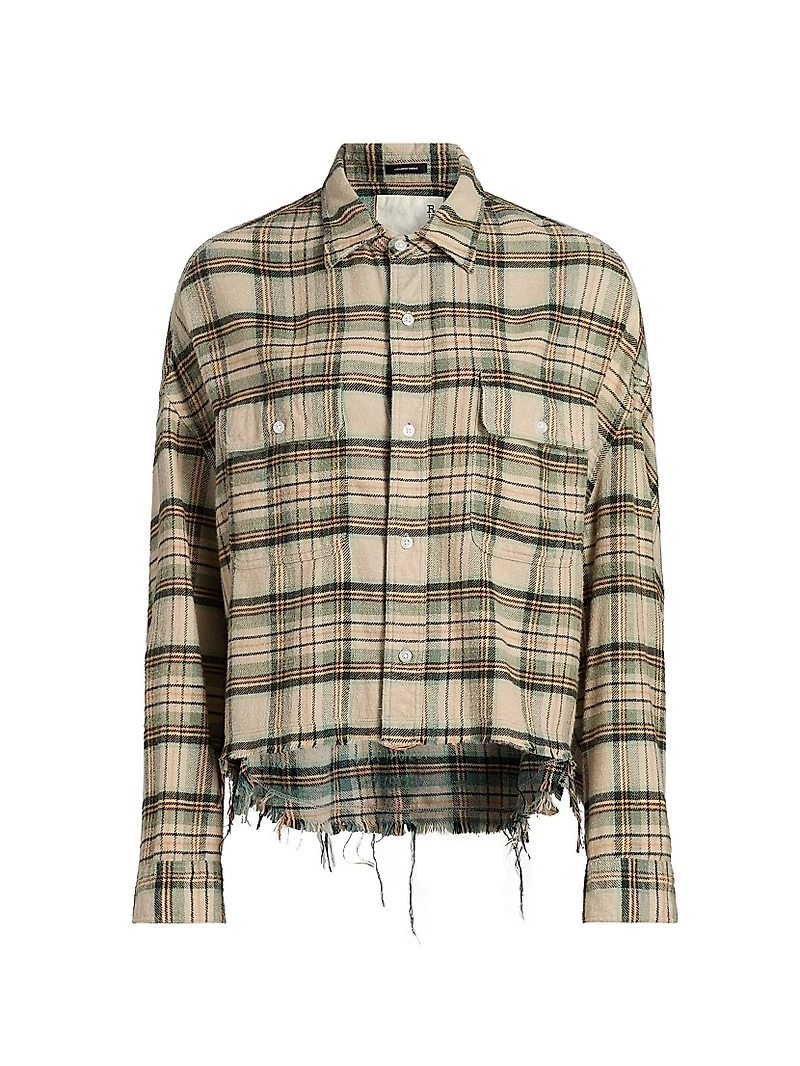 Plaid Cotton Button-Front Crop Work Shirt
