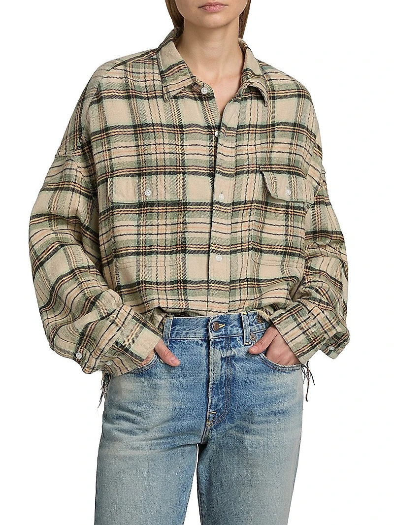 Plaid Cotton Button-Front Crop Work Shirt