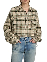 Plaid Cotton Button-Front Crop Work Shirt