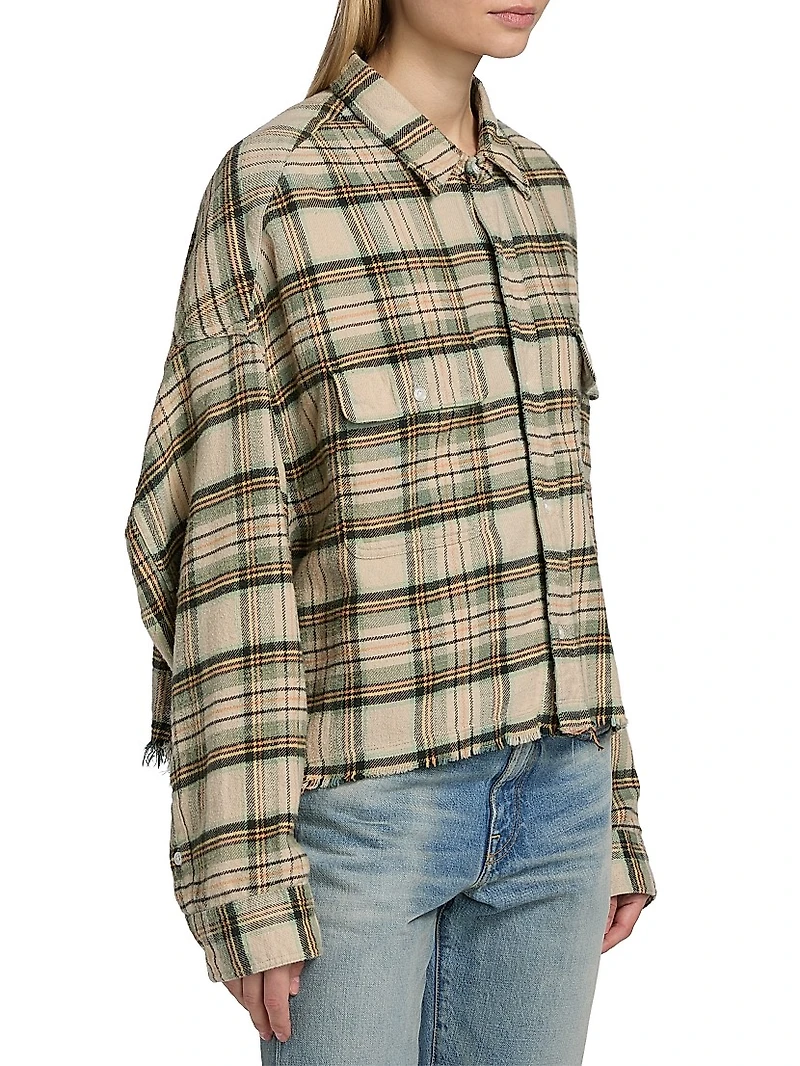 Plaid Cotton Button-Front Crop Work Shirt