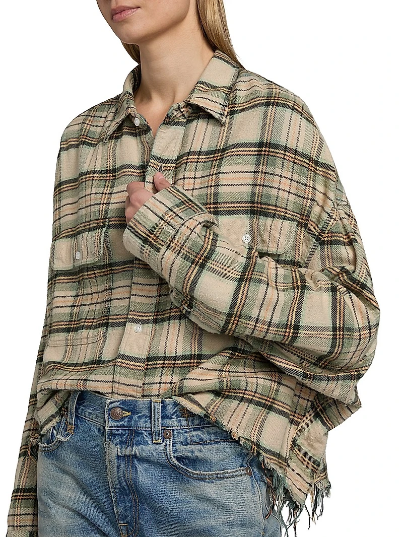 Plaid Cotton Button-Front Crop Work Shirt