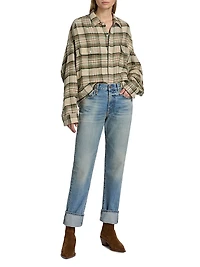 Plaid Cotton Button-Front Crop Work Shirt