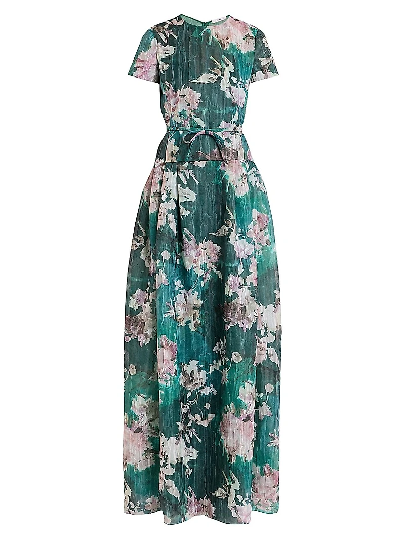 Floral Short-Sleeve Silk Gown