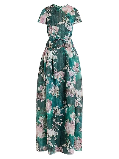 Floral Short-Sleeve Silk Gown