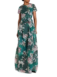 Floral Short-Sleeve Silk Gown