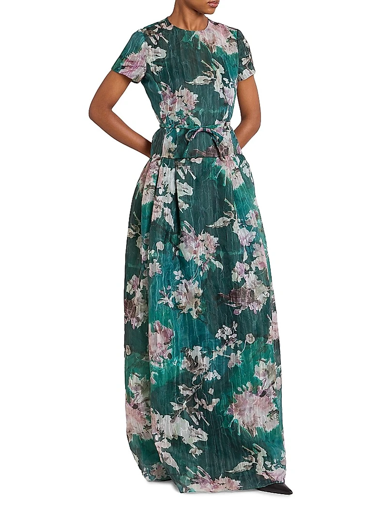Floral Short-Sleeve Silk Gown