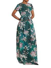 Floral Short-Sleeve Silk Gown