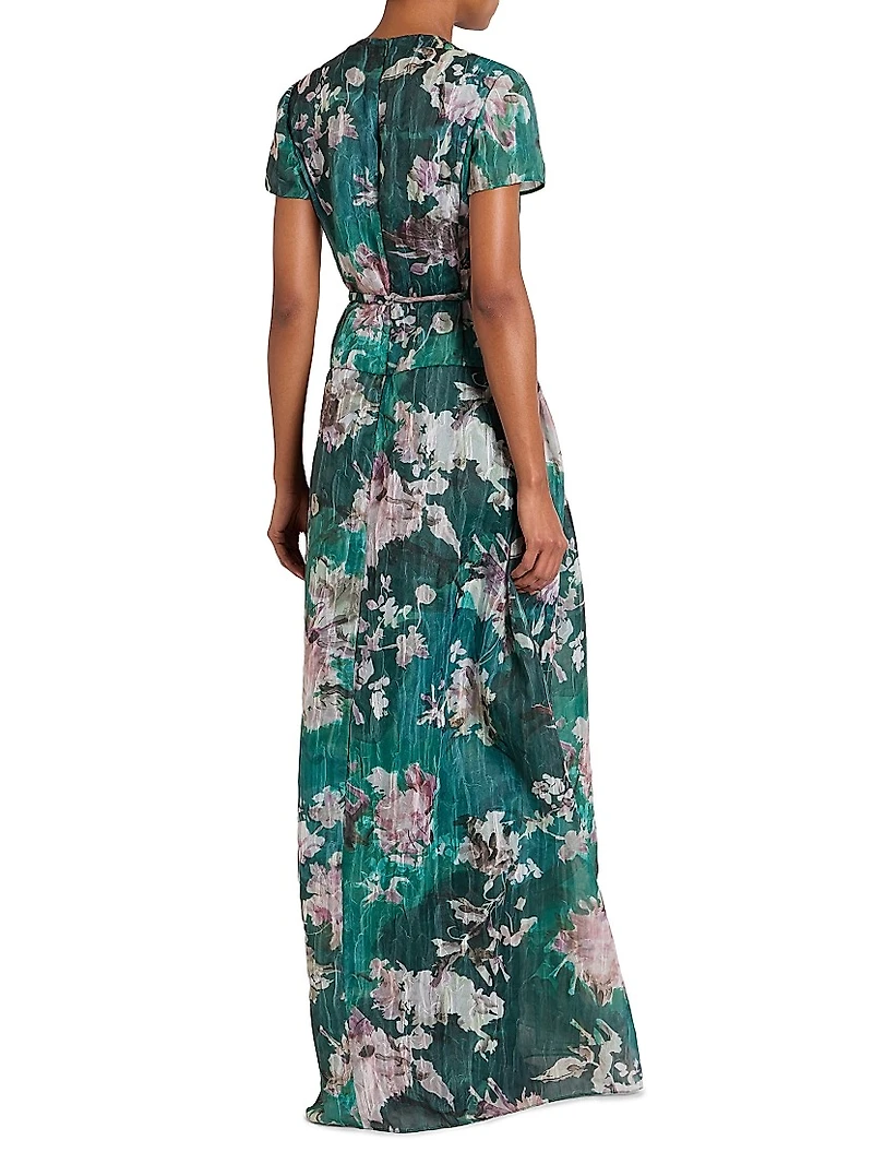 Floral Short-Sleeve Silk Gown