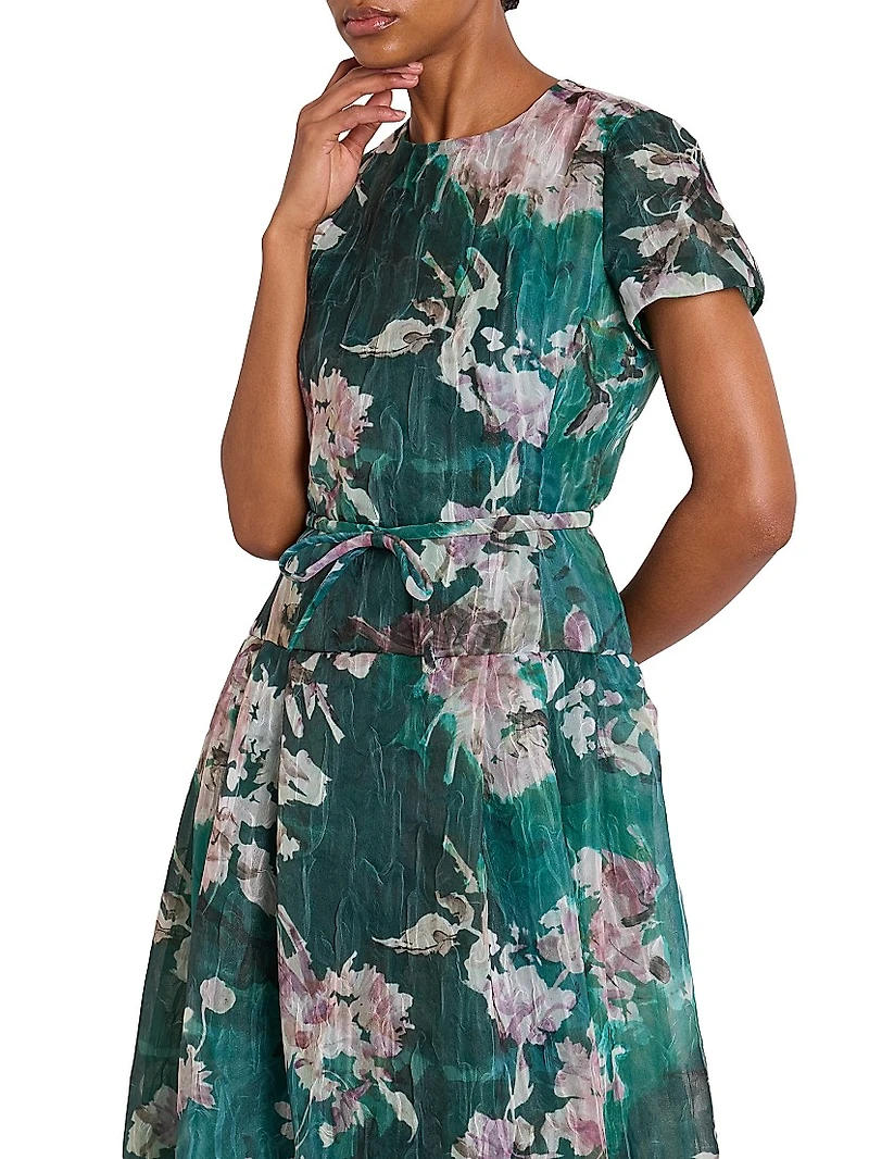 Floral Short-Sleeve Silk Gown