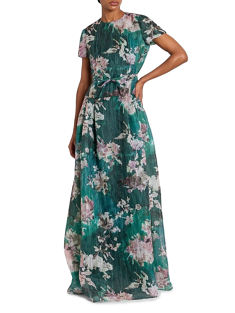 Floral Short-Sleeve Silk Gown