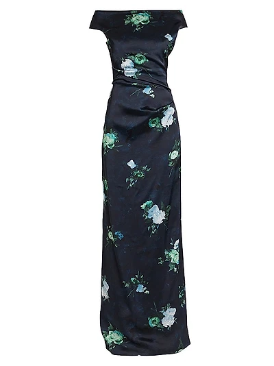 Floral Ruched Short-Sleeve Gown