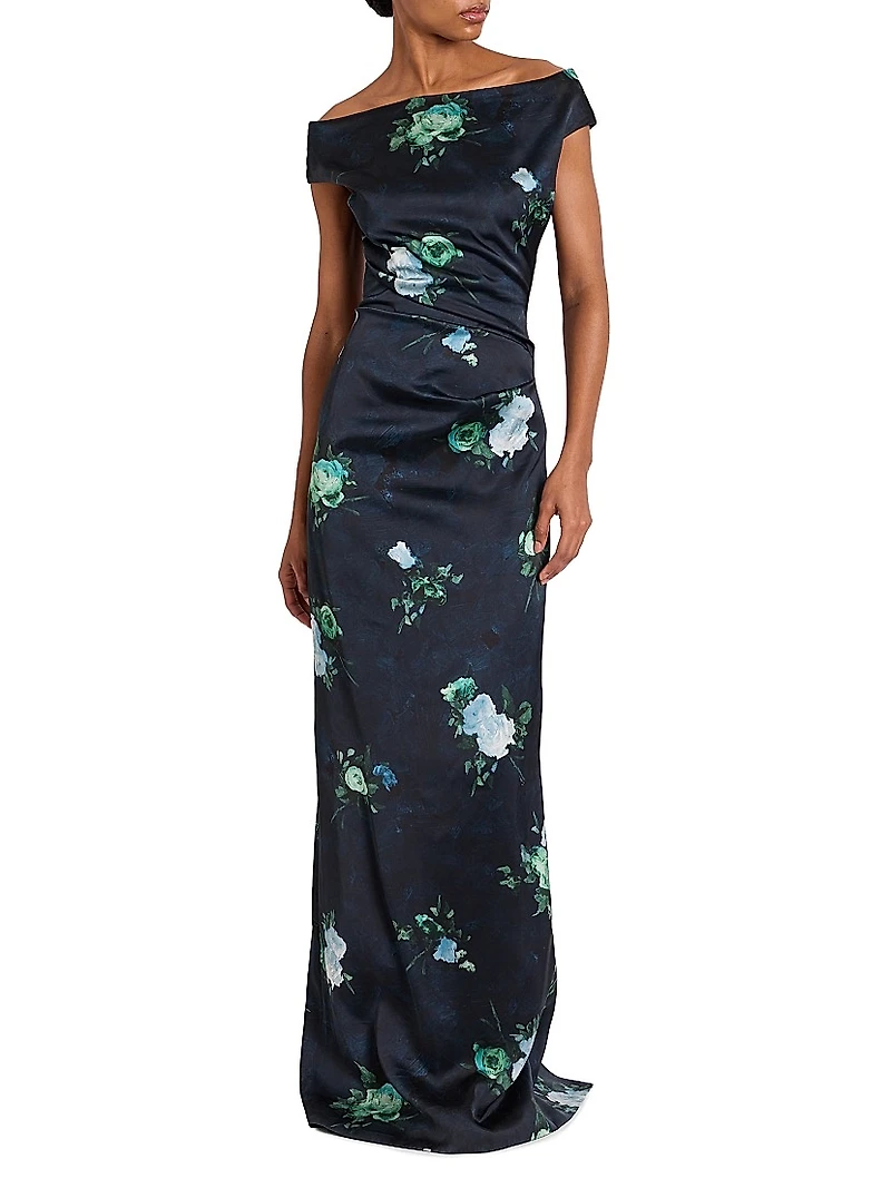 Floral Ruched Short-Sleeve Gown