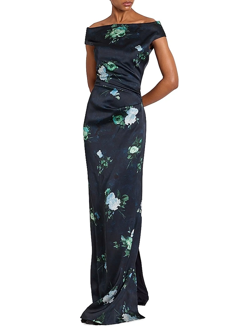 Floral Ruched Short-Sleeve Gown