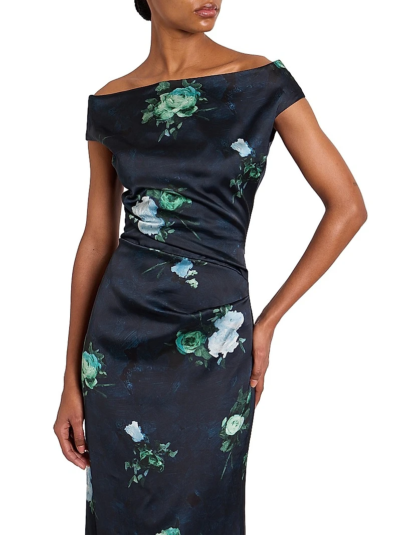 Floral Ruched Short-Sleeve Gown
