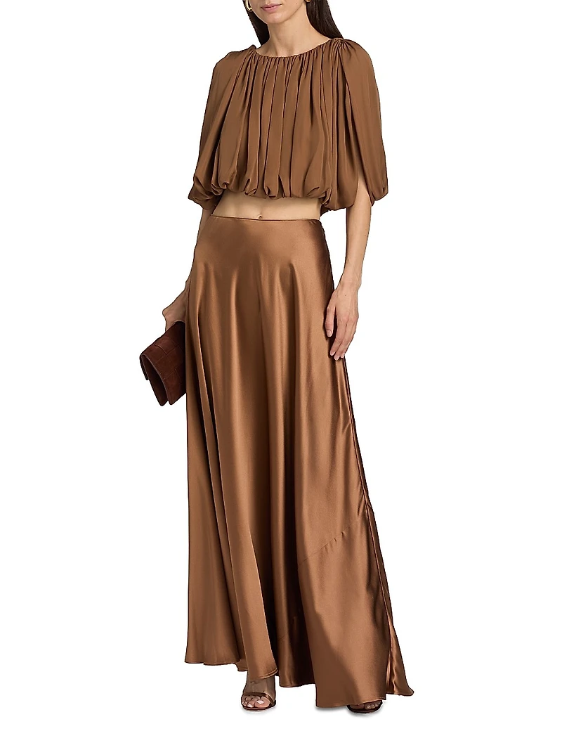 Penelope Silk Cropped Bubble-Hem Top