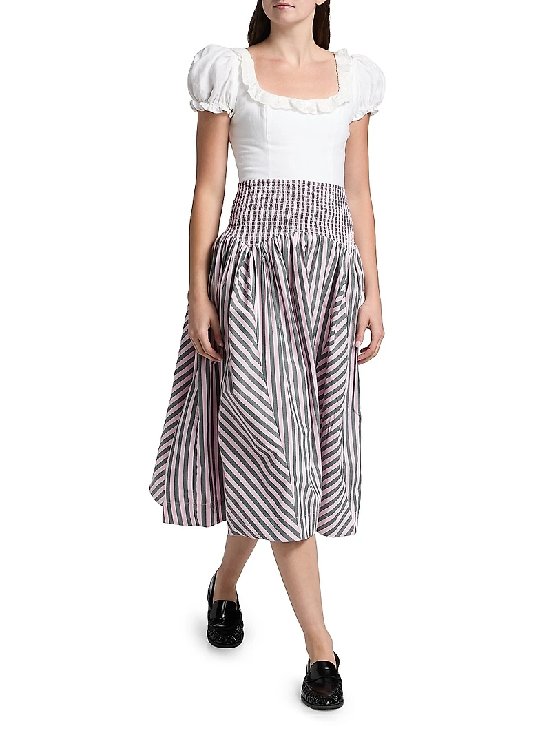 Layla Striped Cotton A-Line Midi-Skirt
