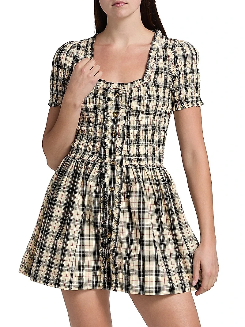 Mansi Smocked Plaid Cotton Minidress