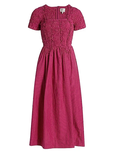 Raphaela Striped Smocked Ruffle Midi-Dress