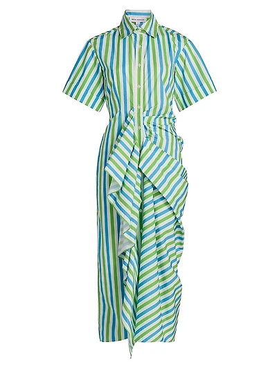 Striped Gathered Ruffle Shirtdress