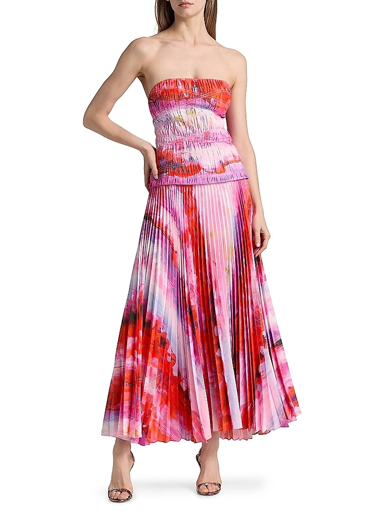 Rockland Floral Pleated Strapless Midi-Dress