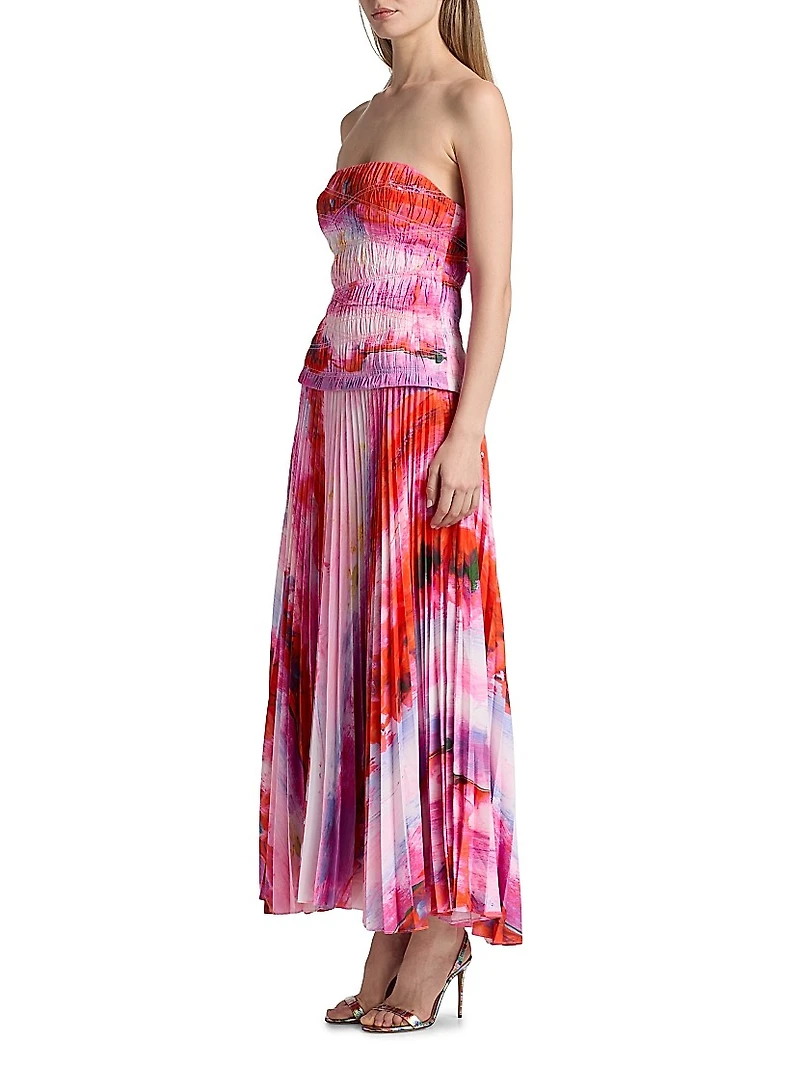 Rockland Floral Pleated Strapless Midi-Dress