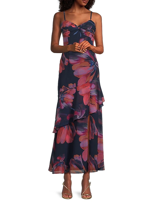 Teri Jon by Rickie Freeman Floral Chiffon Ruffle Capelet Gown | The Summit