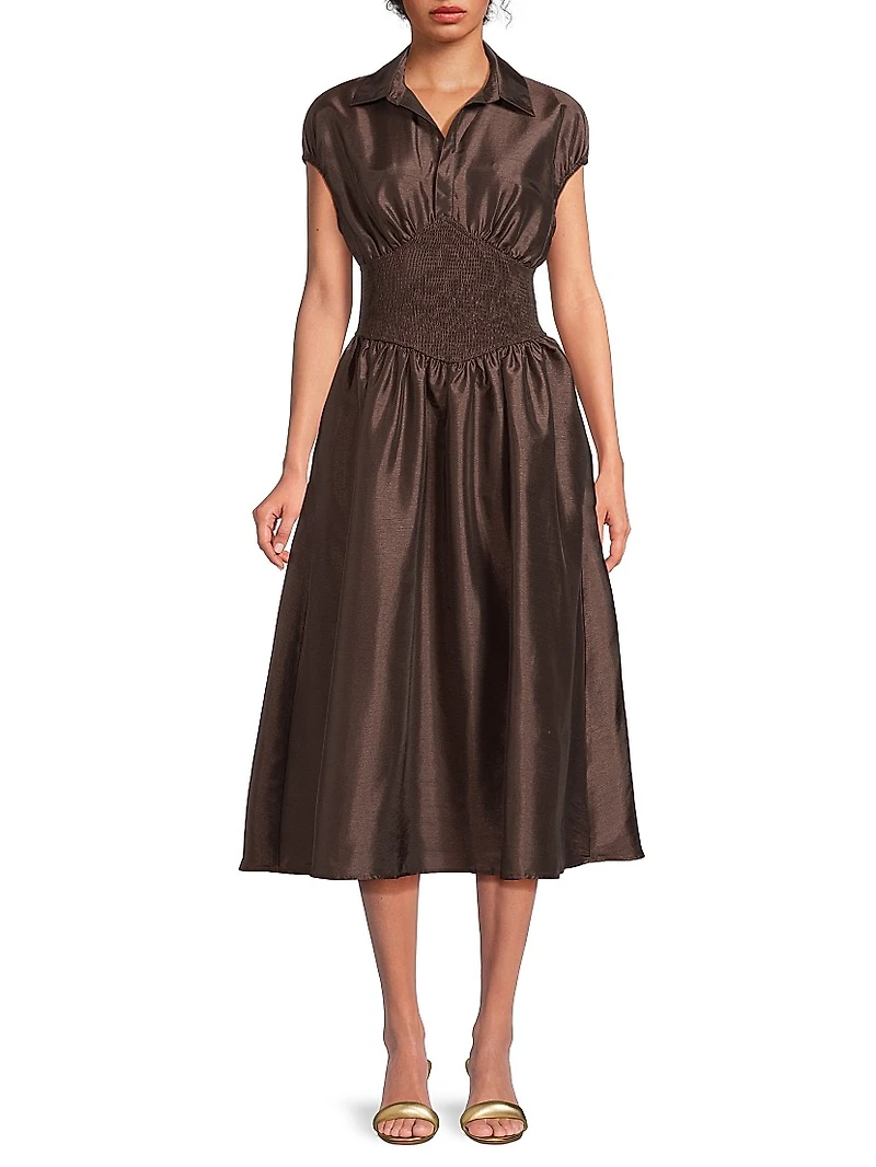 Trevy Cap-Sleeve Smocked Midi-Dress
