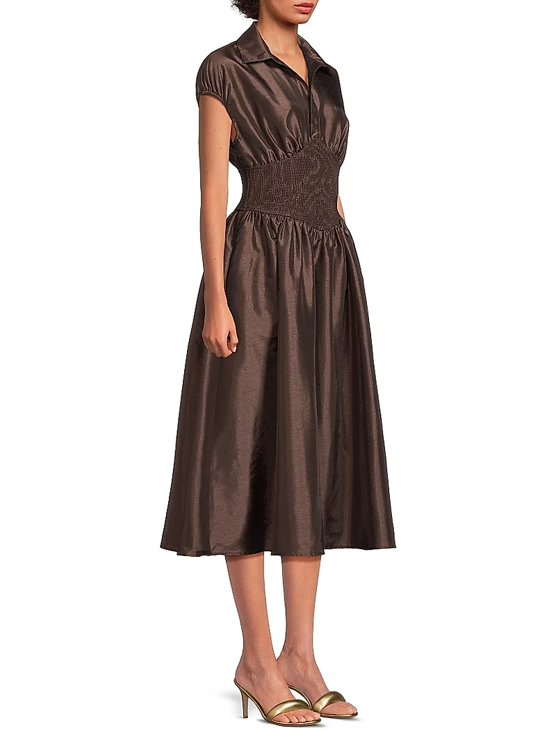 Trevy Cap-Sleeve Smocked Midi-Dress