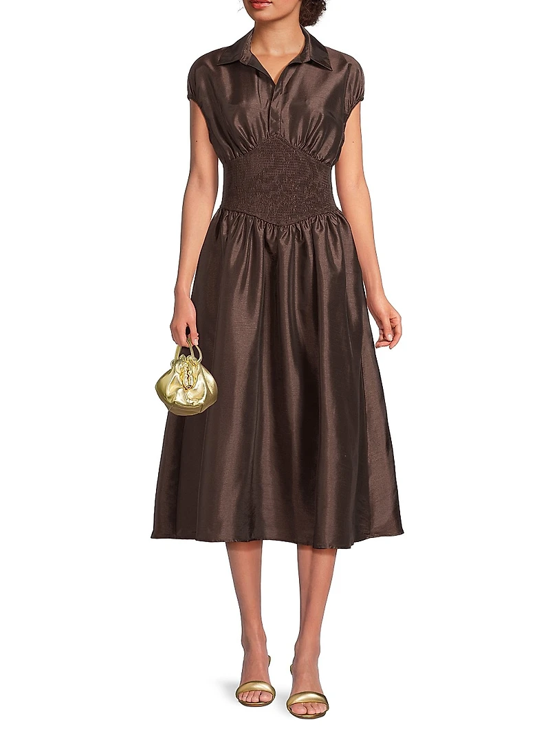 Trevy Cap-Sleeve Smocked Midi-Dress