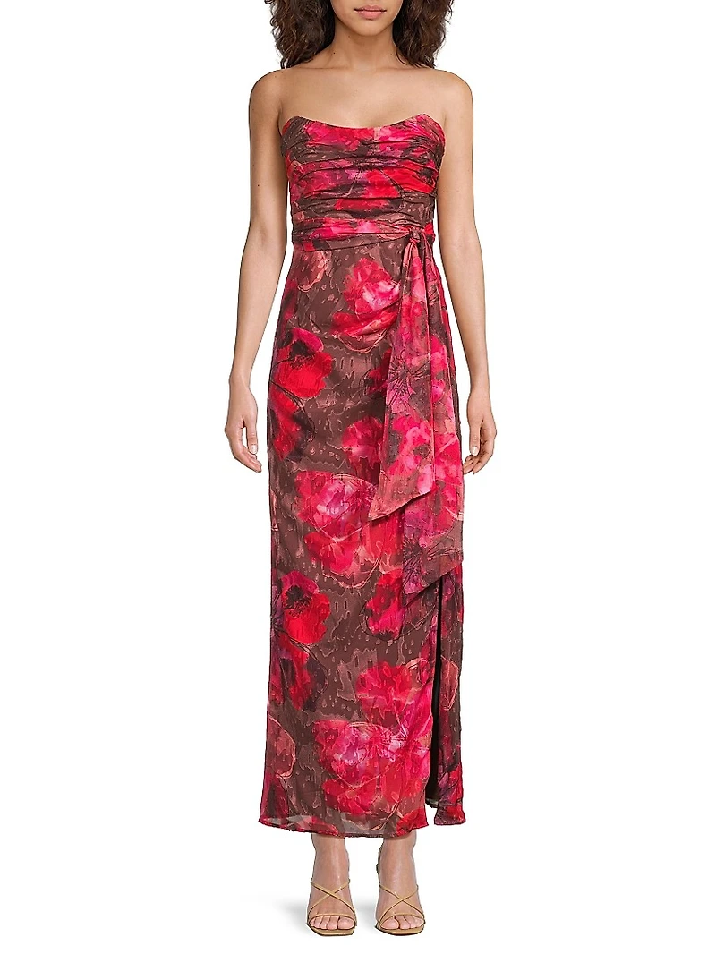 Julietta Floral Ruched Strapless Maxi Dress