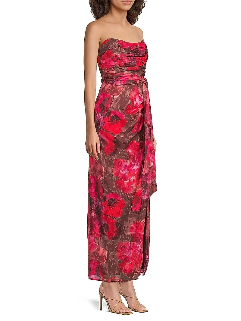 Julietta Floral Ruched Strapless Maxi Dress