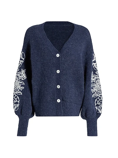 Le Fleur Agnes Floral-Embroidered Wool-Blend Cardigan
