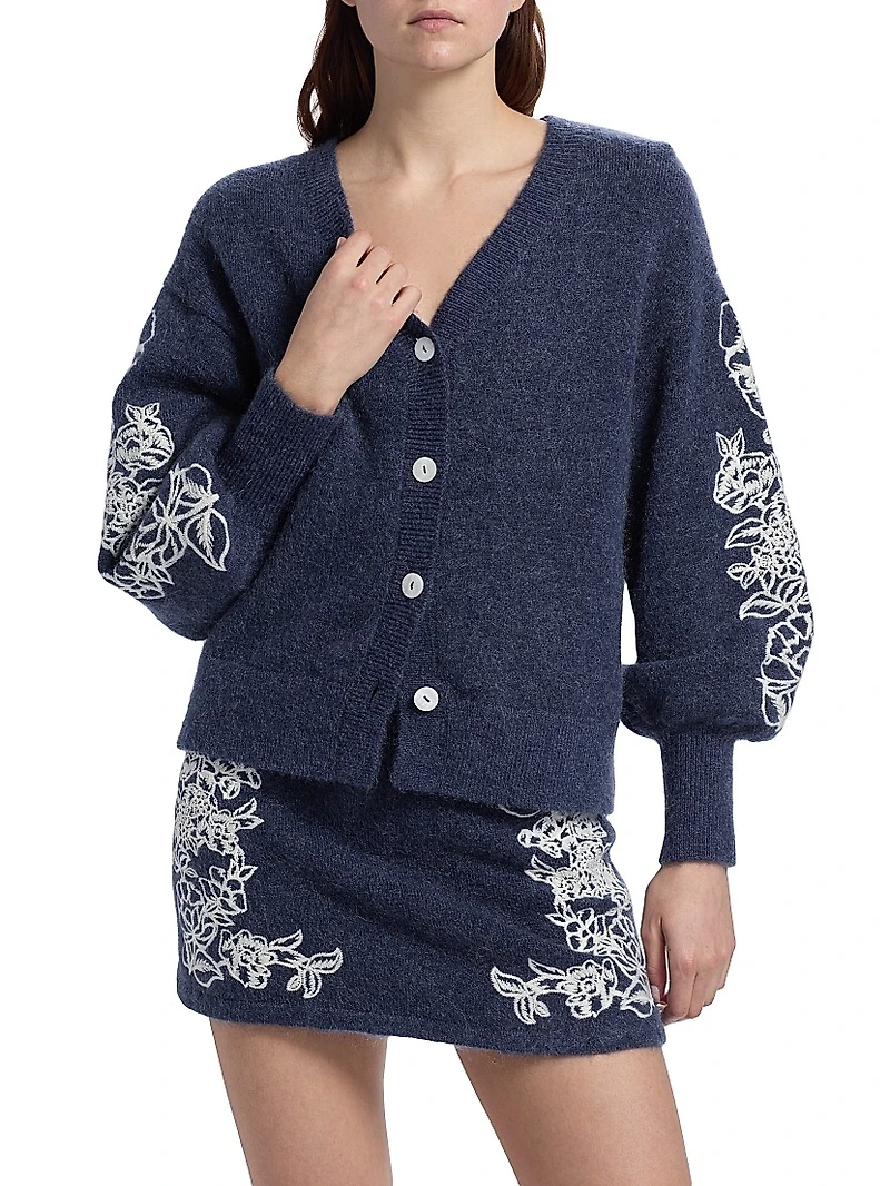 Le Fleur Agnes Floral-Embroidered Wool-Blend Cardigan