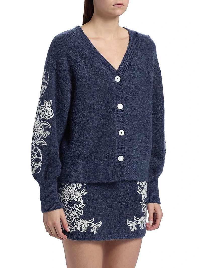 Le Fleur Agnes Floral-Embroidered Wool-Blend Cardigan