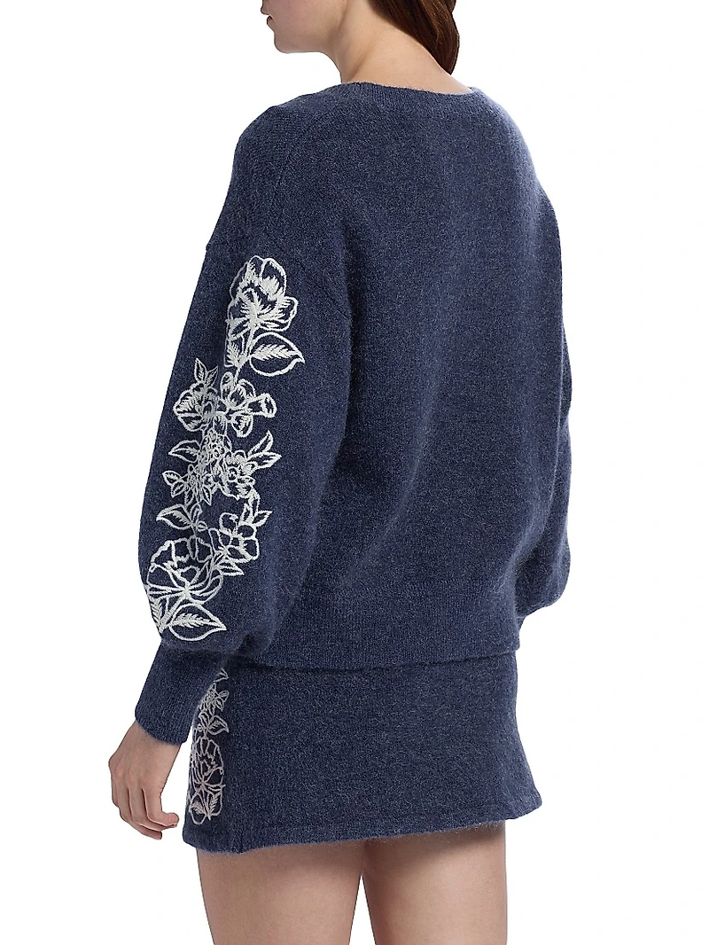 Le Fleur Agnes Floral-Embroidered Wool-Blend Cardigan