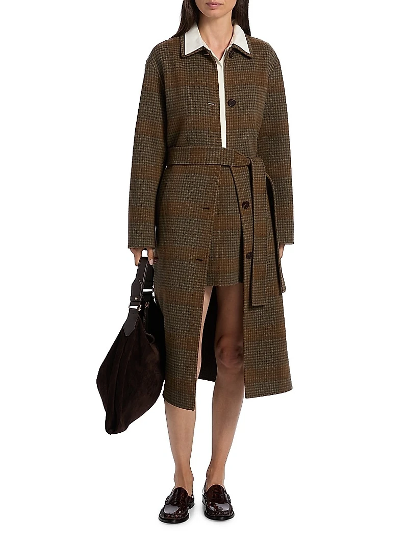 Plaid Wool-Cashmere Single-Breasted Belted Coat