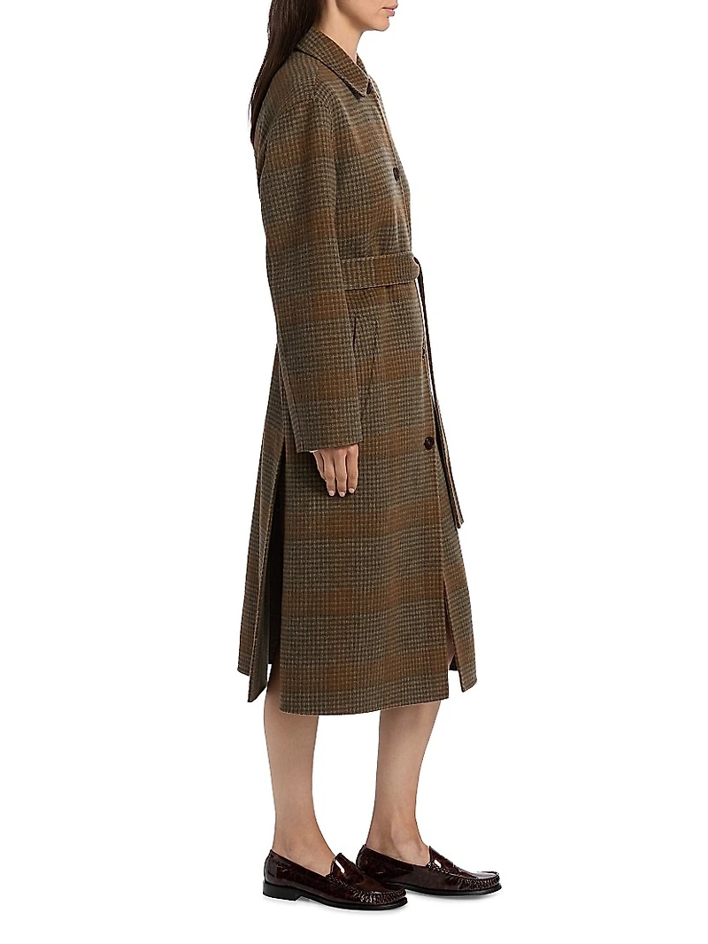 Plaid Wool-Cashmere Single-Breasted Belted Coat