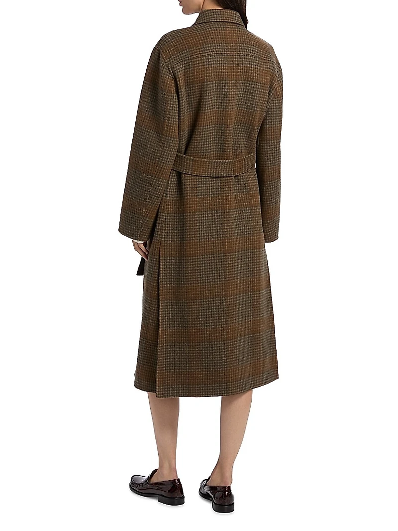 Plaid Wool-Cashmere Single-Breasted Belted Coat
