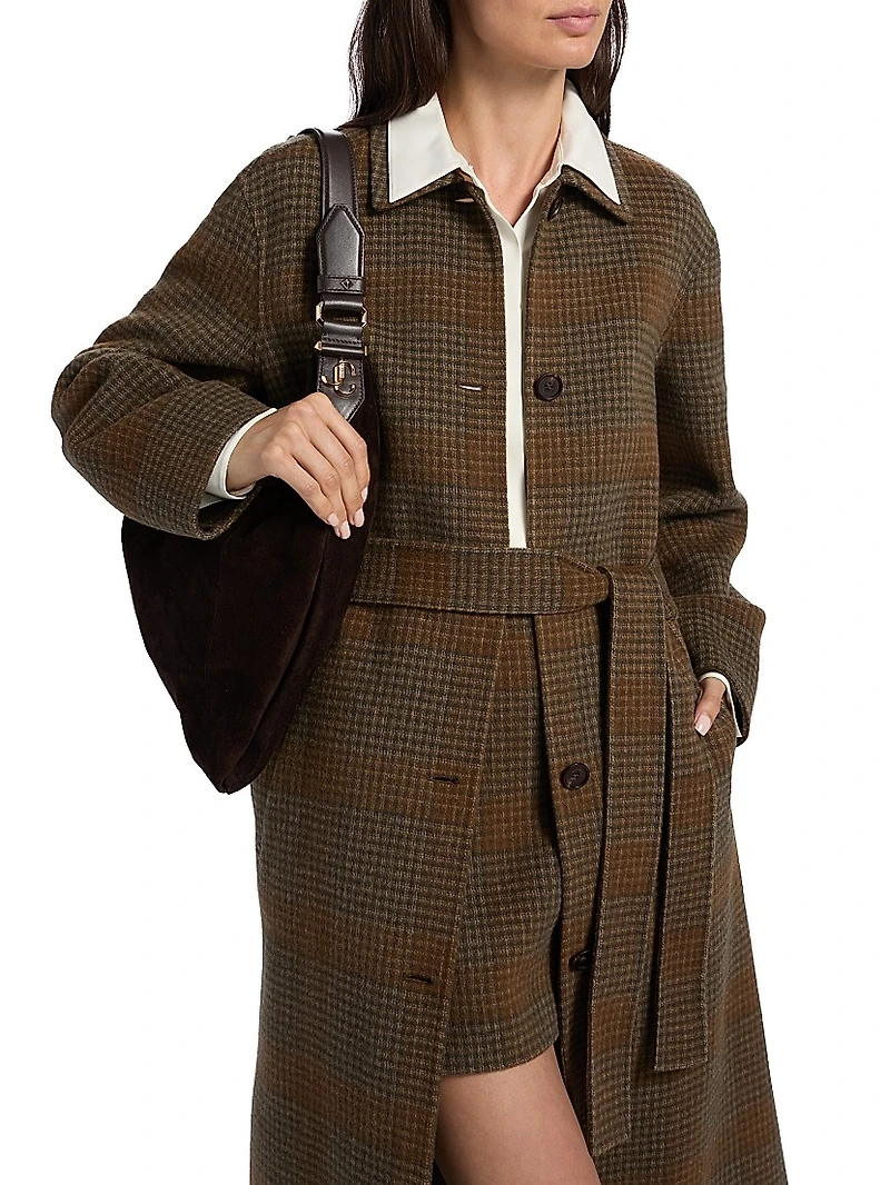 Plaid Wool-Cashmere Single-Breasted Belted Coat