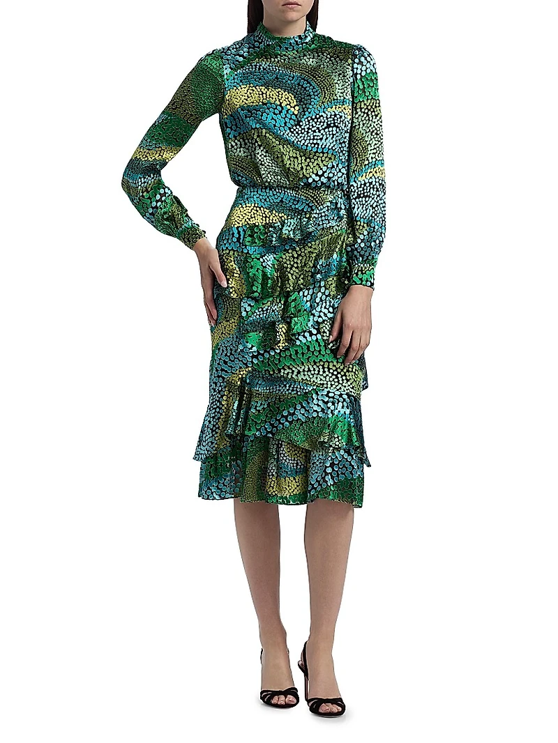Isa Printed Ruffle Midi-Dress