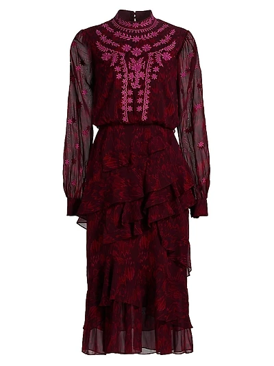 Isa Ruffle Embroidered Midi-Dress