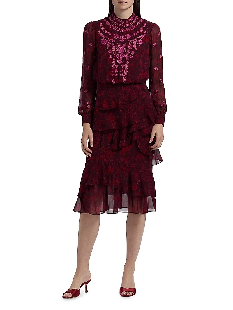 Isa Ruffle Embroidered Midi-Dress