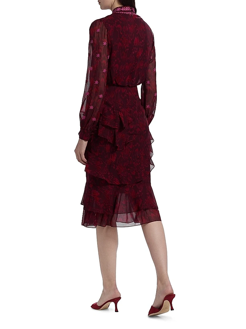 Isa Ruffle Embroidered Midi-Dress