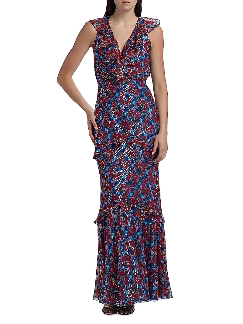 Rita Floral Ruffled Silk Maxi Dress
