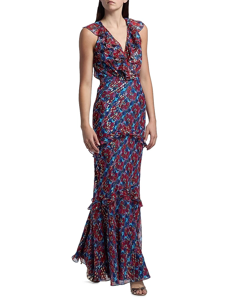 Rita Floral Ruffled Silk Maxi Dress