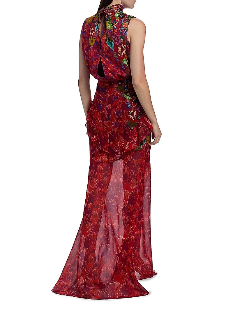 Fleur Sleeveless Ruffled Silk Maxi Dress