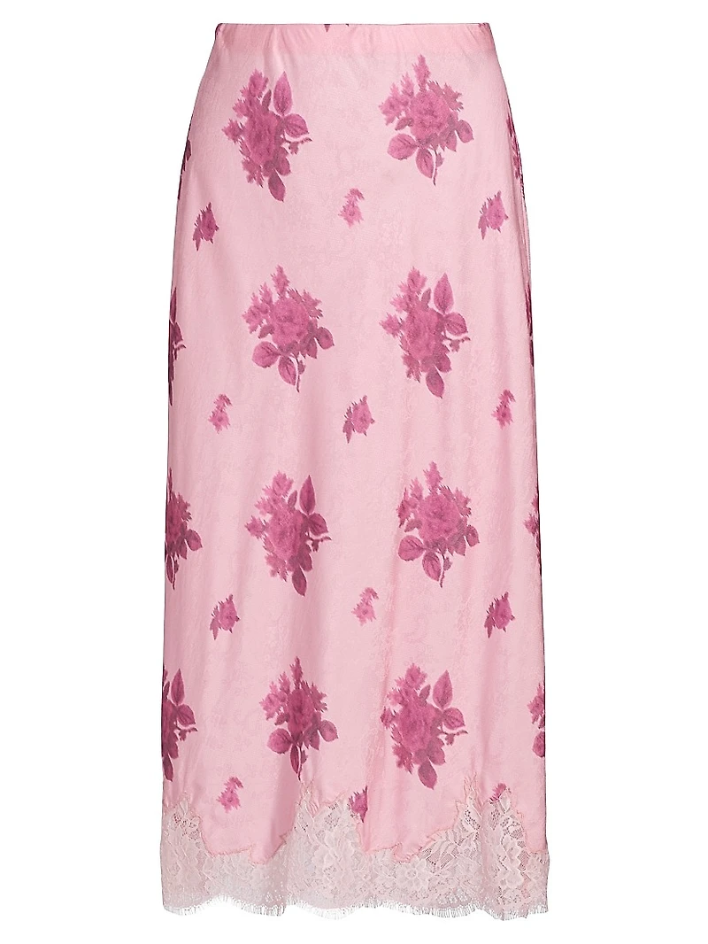 Malina Lace-Trim Floral Silk-Blend Midi-Skirt