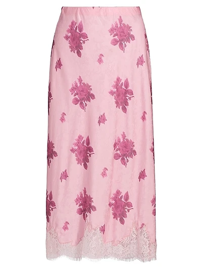 Malina Lace-Trim Floral Silk-Blend Midi-Skirt